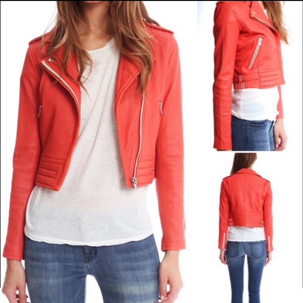 IRO Zefir Leather Biker Moto Jacket 38 Red Orange Coral